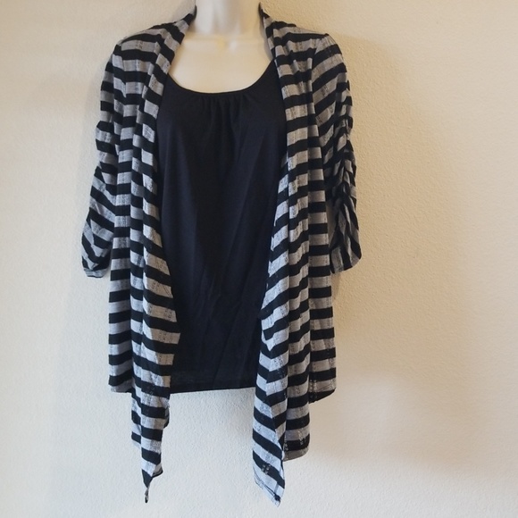 ❣CATO Black Gray Stripe Attached Tank Cardigan❣ - Picture 1 of 7